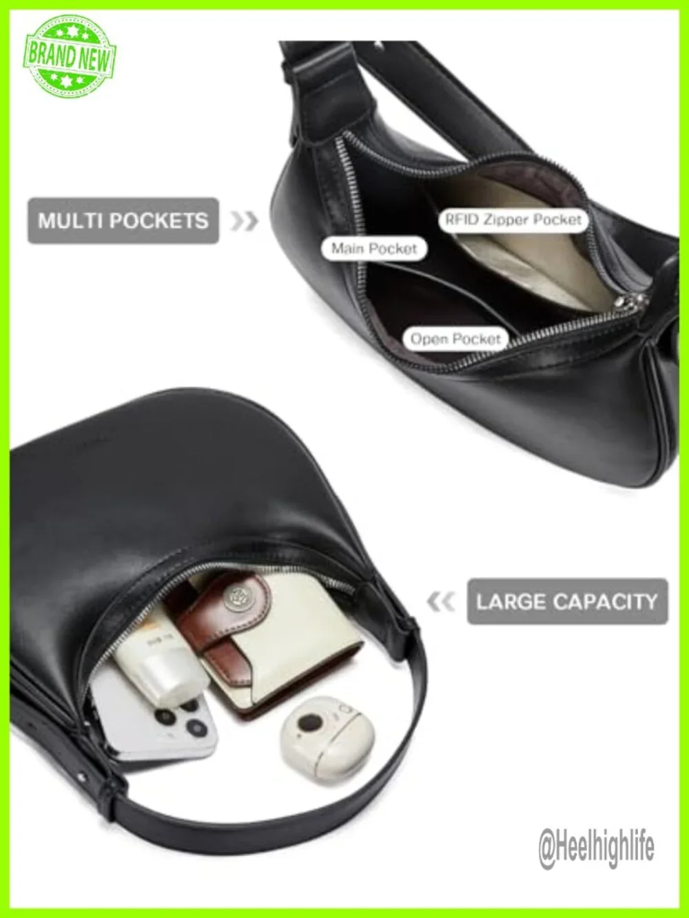 RFID Blocking Vegan Leather Crescent Hobo Bag Clutch Underarm Purse